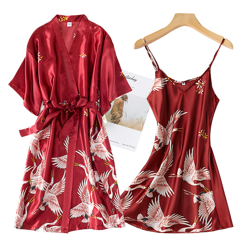 Burgundy Women 2PCS Faux Silk  - огляд і ціна Robe Silk Women